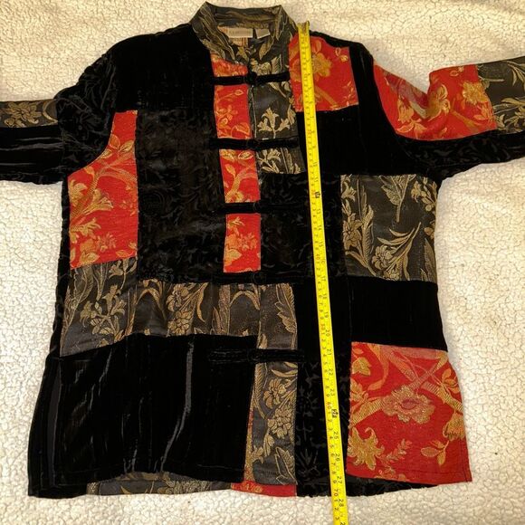 Chicos Medium (1) Silk Blend Black Red Gold Mandarin Style Patchwork Jacket EUC - Picture 10 of 13
